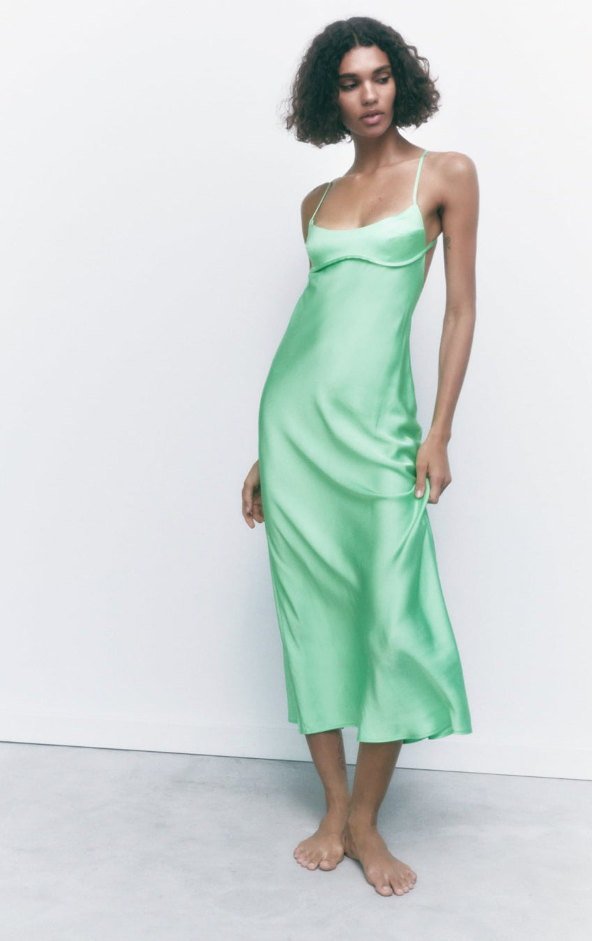 Satin Slip Midi Dress in Green - Zara – Affordable Attire NZ